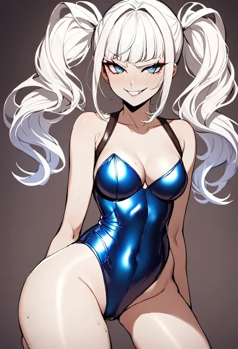 1 Girl, Tight leather Swinsuit, Medium Breasts, Blue Eyes, Platinum White Hair, Twin Tail Hair Style, Pale White Skin, Smooth Skin, Face Freckles, Leather Straps on Thighs, Nice Cleavage, Slutty, Sexy, Sassy, Smirking, Tease, Teasing,