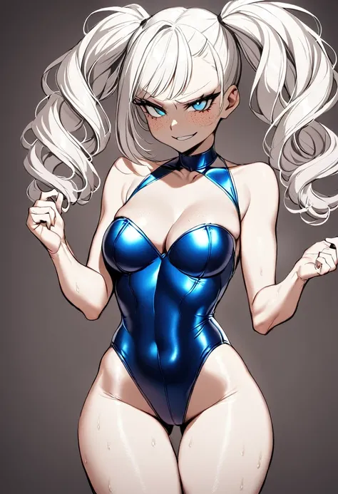 1 Girl, Tight leather Swinsuit, Medium Breasts, Blue Eyes, Platinum White Hair, Twin Tail Hair Style, Pale White Skin, Smooth Skin, Face Freckles, Leather Straps on Thighs, Nice Cleavage, Slutty, Sexy, Sassy, Smirking, Tease, Teasing,