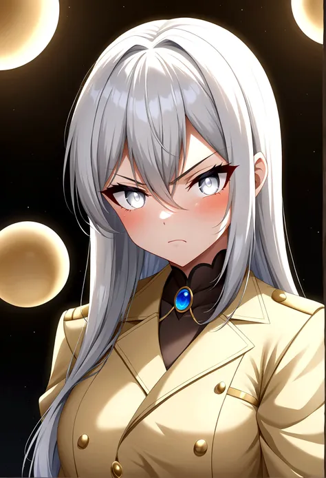 20 year old anime style woman in a white and gold coat with cream white hair, angry white eyes