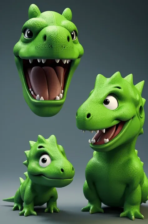 3D happy cute green dino and 3D angry cute green dino