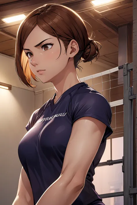 (Highest quality:1.5, High resolution, uhd, 4K, Detailed lighting, Shaders), ((Kugisaki Nobara)) ,solo short hair　Brown Hair　Brown eyes　Cool face　　((Volleyball Uniforms))++　Realistic gym　 Sweat　Super oily skin　Beautiful Abs　Preparing for exercise　No ball　N...