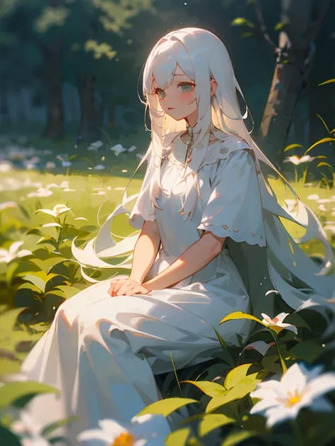 (masterpiece, Highest quality),One girl with long white hair sitting in a field of green plants and flowers, Warm lighting, White Dress, Blurred foreground