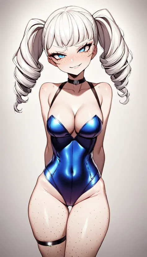 1 Girl, Tight leather bodysuit, Medium Breasts, Blue Eyes, Platinum White Hair, Twin Tail Hair Style, Pale White Skin, Smooth Skin, Face Freckles, Leather Straps on Thighs, Nice Cleavage, Slutty, Sexy, Sassy, Smirking, Tease, Teasing,