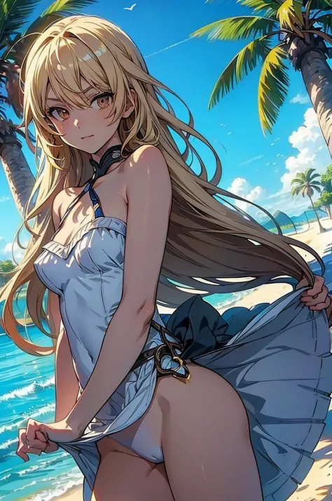 masterpiece, rich colors, Best quality, detailed, high resolution, Hyper quality, high detail, , high quality, detailing, skinny sexy girl on the beach , bright lighting , Brown eyes, Anime, palm trees, bright lighting, blonde,