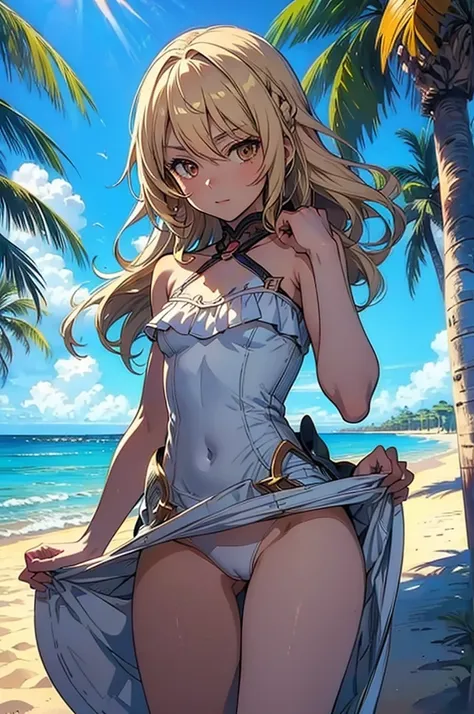 masterpiece, rich colors, Best quality, detailed, high resolution, Hyper quality, high detail, , high quality, detailing, skinny sexy girl on the beach , bright lighting , Brown eyes, Anime, palm trees, bright lighting, blonde,