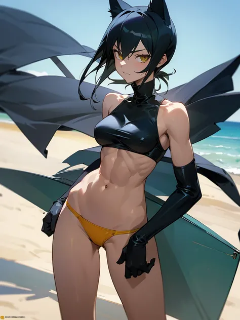 18 year old Celty Sturluson from Durarara in a yellow thong bikini flexing her muscles with her hands behind her cat ear helmet so they are not seen to show off her abs on a white sanded beach, highly detailed 