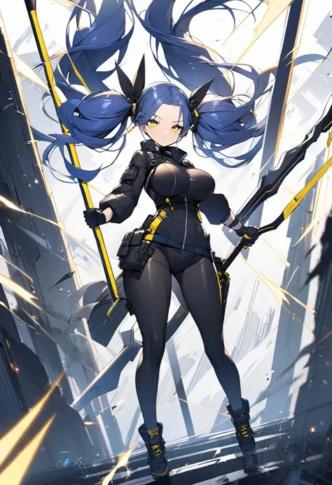 (One very tall woman,Navy Blue Hair,Her hairstyle is twin tails that expose her forehead.,Large Breasts,yellow eyes,Dynamic Angle)Woman wielding a spear,Techwear