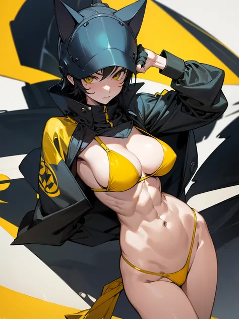 18 year old Celty Sturluson from Durarara in a yellow thong bikini flexing her muscles with her hands behind her cat ear helmet so they are not seen to show off her abs on a white sanded beach, highly detailed 