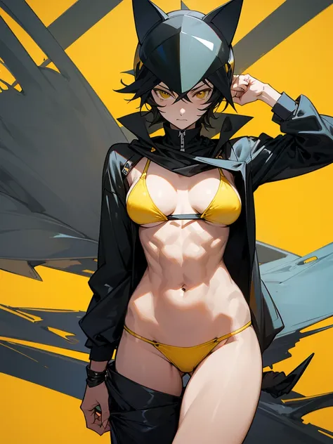 18 year old Celty Sturluson from Durarara in a yellow thong bikini flexing her muscles with her hands behind her cat ear helmet so they are not seen to show off her abs on a white sanded beach, highly detailed 