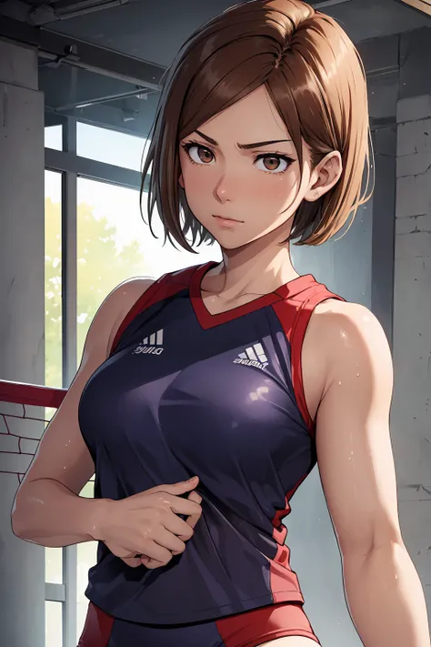 (Highest quality:1.5, High resolution, uhd, 4K, Detailed lighting, Shaders), ((Kugisaki Nobara)) ,solo short hair　Brown Hair　Brown eyes　Cool face　　((Volleyball Uniforms))++　Realistic gym　 Sweat　Super oily skin　　Preparing for exercise　No ball　No sleeve　Cowb...