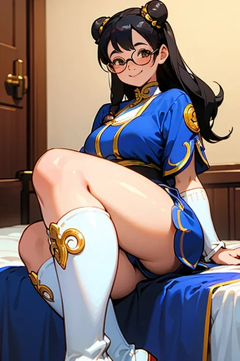 A chubby girl with black hair, freckles and glasses, dressed as Chun-Li in white boots, smiling gently in her room