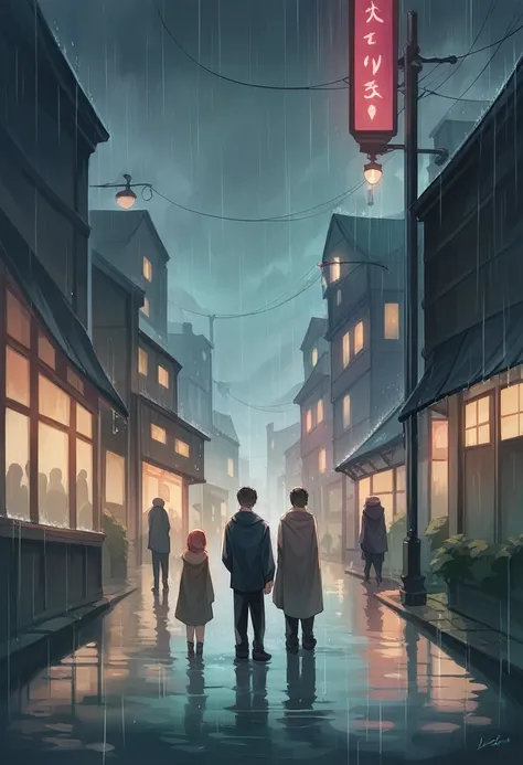 Couple in the rain on the street in a city, warm rain por la noche, 8k artwork, back people wallpaper little rain, warm rain, Heavy Rain