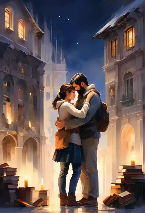 （masterpiece, highest quality, super detailed, Very detailed CG),   ( man and woman hugging each other:1.4)、  setting: office,
scene: a lot of books、Candlelight provides light。,woman with brown hair, casual clothes, man black hair, beard, tall, work office...