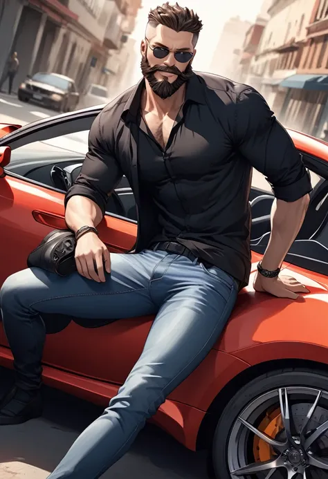 detailed illustration, dynamic angle, ultra-detailed, illustration, 1man, youthful, smirk, black shirt, jeans, sitting on a sports car, sexy, seductive, beard