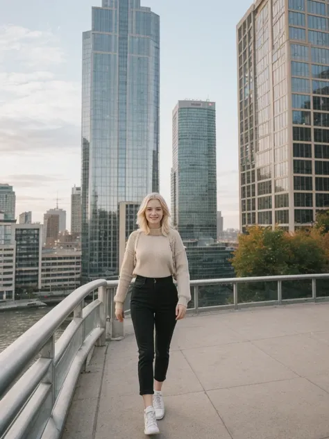 her name is Elle, high quality, 1girl, ((20-year-old fit Caucasian woman)), ((20 years old)), ((fit)), ((pale skin)), short bob blonde hair , wearing Lace-Up Front Sweater + High-Waisted Colorblock Pants, pose: standing, background: Highlight the dynamic c...