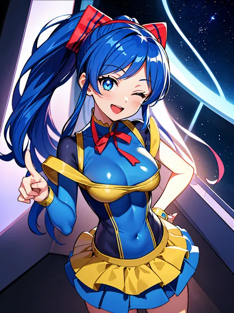 aikatsu,（Overhead view),dynamic angle,ultra-detailed, illustration, close-up, straight on, 1girl, ((blue souryuu asuka langley, interface headset, blue bodysuit:1.4, blue)),Her eyes shone like dreamy stars,(glowing eyes:1.233),(beautiful and detailed eyes:...