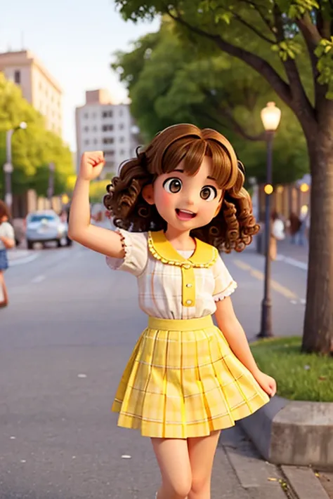    10 year old brunette with curly hair brown eyes and small nose wearing a white blouse and a yellow plaid skirt 70s style, dancing happily through the city park 