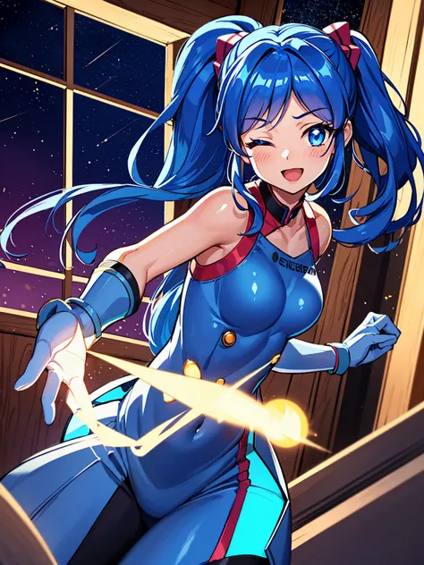 aikatsu,（Overhead view),dynamic angle,ultra-detailed, illustration, close-up, straight on, 1girl, ((blue souryuu asuka langley, interface headset, blue bodysuit:1.4, blue)),Her eyes shone like dreamy stars,(glowing eyes:1.233),(beautiful and detailed eyes:...