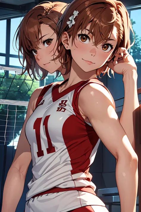 (Highest quality:1.5, High resolution, uhd, 4K, Detailed lighting, Shaders), ((Misaka Mikoto)) ,solo short hair　Brown Hair　Brown eyes　Cool face　　((Volleyball Uniforms))++　Realistic gym　 Sweat　Super oily skin　　Preparing for exercise　No ball　No sleeve　Cowboy...