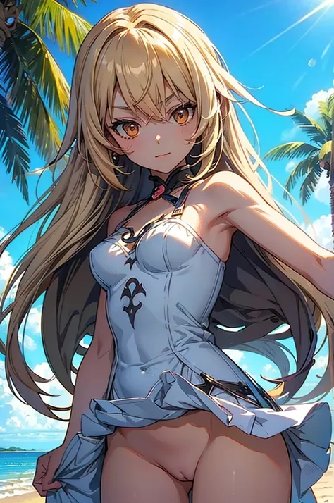 masterpiece, rich colors, Best quality, detailed, high resolution, Hyper quality, high detail, , high quality, detailing, skinny sexy girl on the beach , bright lighting , Brown eyes, Anime, palm trees, bright lighting, blonde,