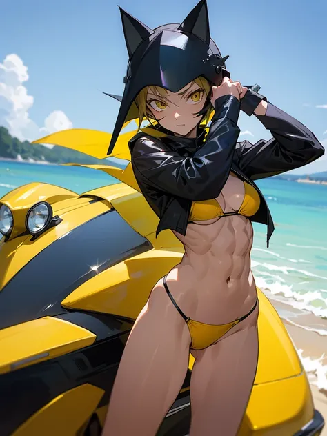 18 year old Celty Sturluson from Durarara in a yellow thong bikini flexing her muscles with her hands behind her cat ear helmet so they are not seen to show off her abs on a white sanded beach, highly detailed 