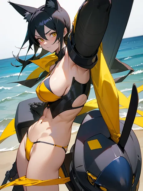 18 year old Celty Sturluson from Durarara in a yellow thong bikini flexing her muscles with her hands behind her cat ear helmet so they are not seen to show off her abs on a white sanded beach, highly detailed 