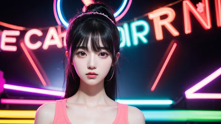 create a 1600x400 kpop style banner of a korean girl with black hair and colorful bangs with neon lights