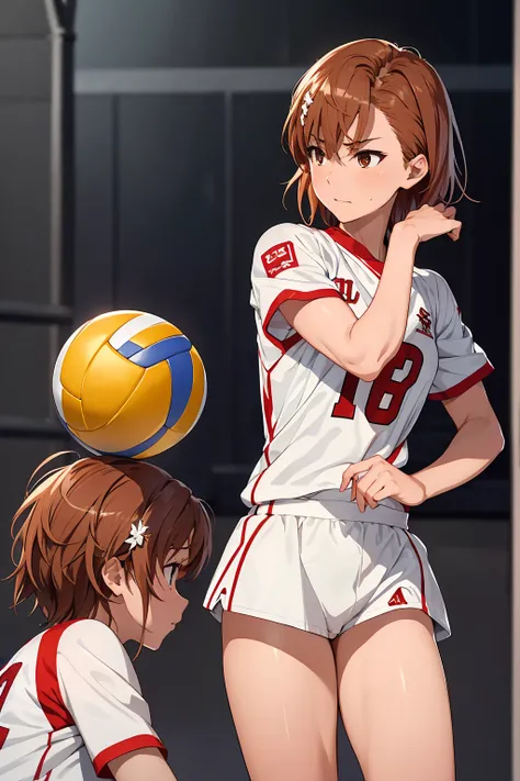 (Highest quality:1.5, High resolution, uhd, 4K, Detailed lighting, Shaders), ((Misaka Mikoto)) ,solo short hair　Brown Hair　Brown eyes　Cool face　　((Volleyball Uniforms))++　Realistic gym　 Sweat　Super oily skin　　Preparing for exercise　No ball　No sleeve　Cowboy...