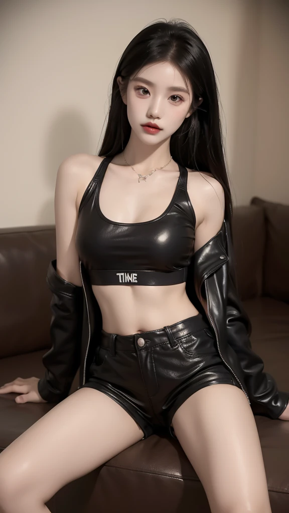 japan girl wearing sports bra, black leather jacket, long black shorts and wearing sandals, model, 8k real life, long hair dazzl...