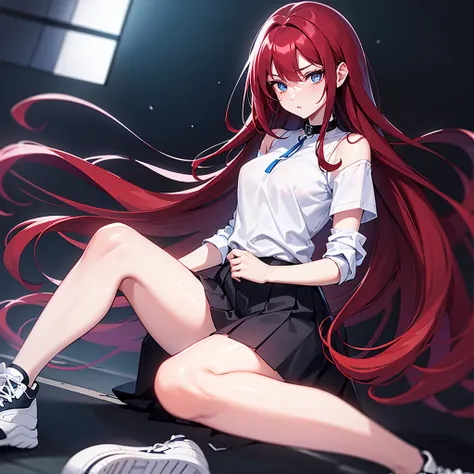 A beautiful girl with long dark red hair, with a lock of hair partially covering your eye, she has beautiful big dark blue eyes, wearing a long white shirt, a blue blouse, a black and white skirt, and a pair of simple white high-top sneakers, and a big blu...