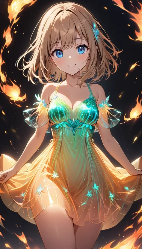 1girl,light brown color medium length hair,blue eyes,kind smile,medium breasts,fire_fly bioluminescent dress,dark background,cow...