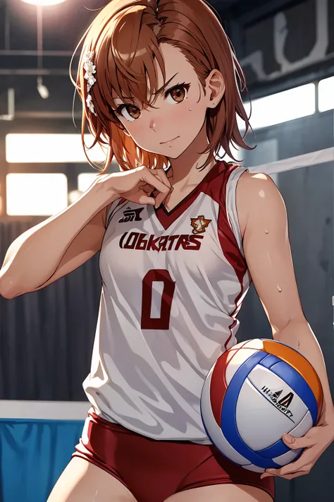 (Highest quality:1.5, High resolution, uhd, 4K, Detailed lighting, Shaders), ((Misaka Mikoto)) ,solo short hair　Brown Hair　Brown eyes　Cool face　　((Volleyball Uniforms))++　Realistic gym　 Sweat　Super oily skin　　Preparing for exercise　No ball　No sleeve　Cowboy...