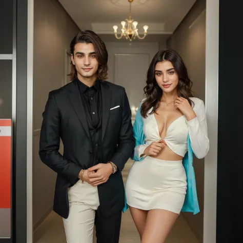 Turkish 25 year old man , short dark hair with fade, dark suit,confident expression,Sharp chin,vibrant skin,smiling,beautiful  face,standing pose, and next to the man a blonde influencer with wavy hair, AI that is beautiful, cute and well dressed. Consider...