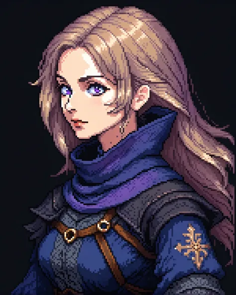 (Pixel art: 1.2), 1 middle-aged woman, around 50 years old, bandit dark blue medieval clothes, with a fitted design, light brownish hair, front view, visible lips and nose, purple eyes, black background, calm and misterious expression.