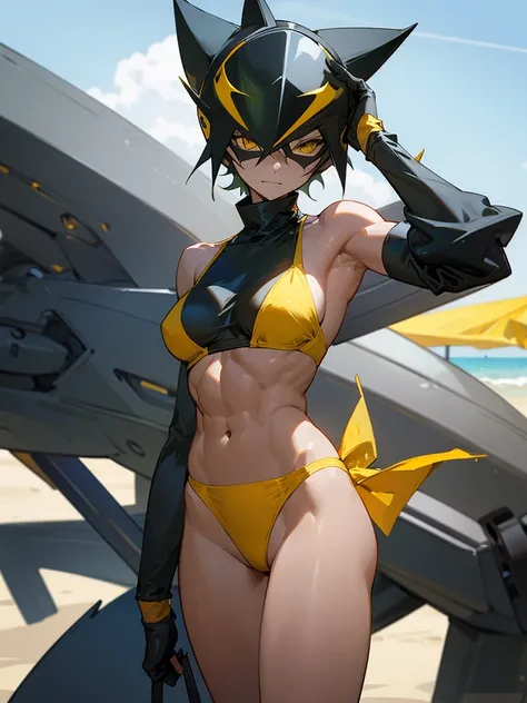 Celty Sturluson from Durarara in a yellow thong bikini flexing her muscles with her hands behind her cat ear helmet so they are not seen to show off her abs on a white sanded beach, highly detailed 