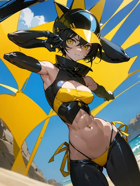 Celty Sturluson from Durarara in a yellow thong bikini flexing her muscles with her hands behind her cat ear helmet so they are not seen to show off her abs on a white sanded beach, highly detailed 