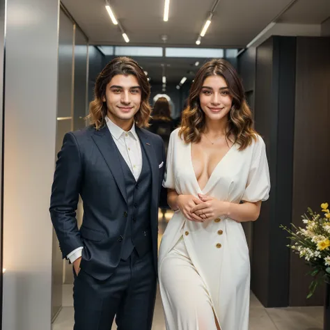 Turkish 25 year old man , short dark hair with fade, dark suit,confident expression,Sharp chin,vibrant skin,smiling,beautiful  face,standing pose, and next to the man a blonde influencer with wavy hair, AI that is beautiful, cute and well dressed. Consider...