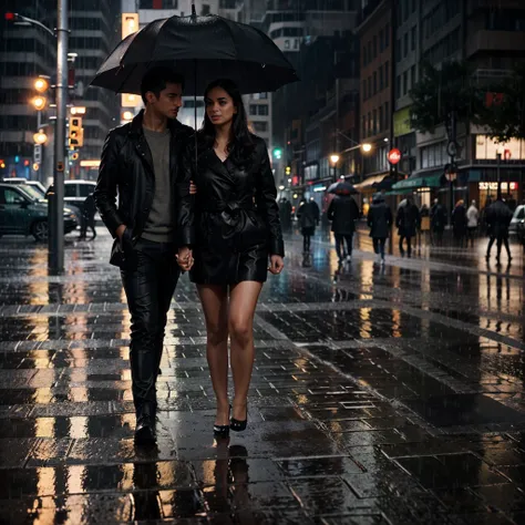 Beautiful married couple with an umbrella under heavy rain, warm rain, heavy rain artwork 8k full definition the couple is in a city on the street with few lights 