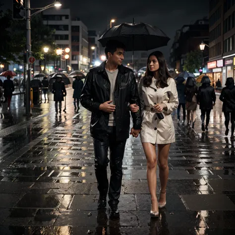 Beautiful married couple with an umbrella under heavy rain, warm rain, heavy rain artwork 8k full definition the couple is in a city on the street with few lights 