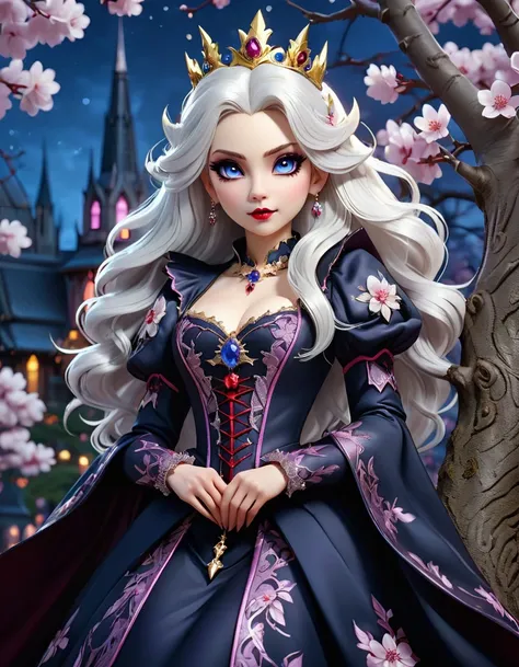 Close-up, cute vampire queen (leaning on tree:1.2) of Sakura, extravagant noble dress, (high sharp boots), (big crown:1.2), (intricate Gothic spires in night background), flowing white hair, sparkling sapphire eyes, masterpiece in maximum 16K resolution, s...