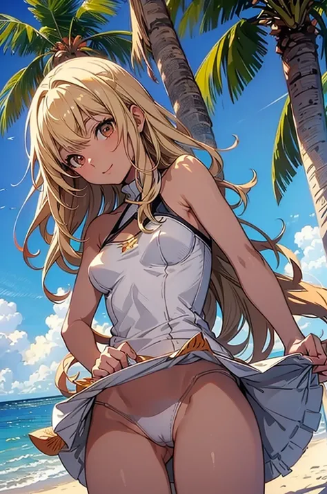 masterpiece, rich colors, Best quality, detailed, high resolution, Hyper quality, high detail, , high quality, detailing, skinny sexy girl on the beach , bright lighting , Brown eyes, Anime, palm trees, bright lighting, blonde,