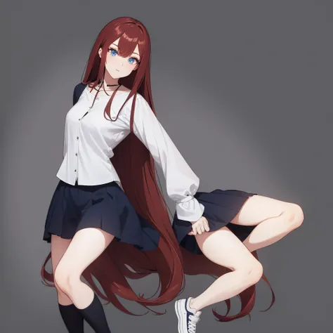 A beautiful girl with long dark red hair, with a lock of hair partially covering your eye, she has beautiful big dark blue eyes, wearing a long white shirt, a blue blouse, a black and white skirt, and a pair of simple white high-top sneakers, and a big blu...