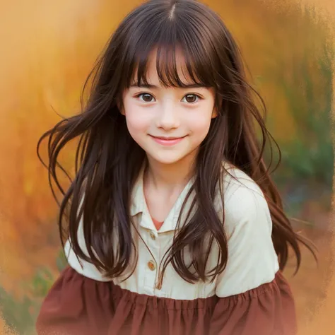 Create a portrait of a girl in the Ghibli style, Her expression should be soft and gentle, With a warm and kind smile. A combination of warm and cool colors is preferable for the background., Enhance a girl&#39;s hair. She should be wearing a blue lace dre...