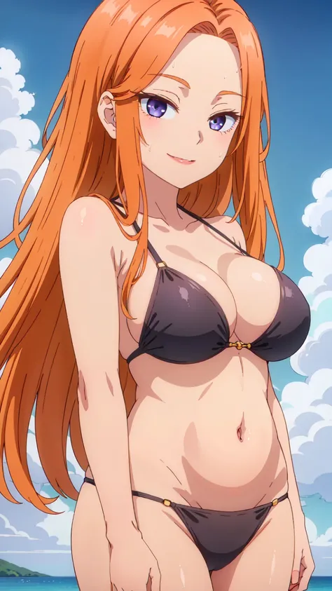 ((best quality)),((highly detailed)),masterpiece,absurdres,detailed face,beautiful face,(detailed eyes, deep eyes),1girl, Mai, purple eyes, orange hair, long hair, solo, breasts, large breasts,lips,sidelocks, bangs, Smiling, looking at the viewer, blue the...