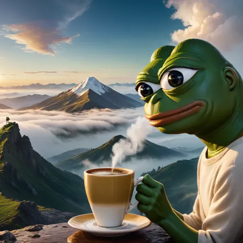 pepe the frog, having a coffee, on top of the mountain, relax, detailed frog face, meme character, cute green frog, realistic lighting, dramatic lighting, golden hour, cinematic, landscape photography, epic mountain scene, dramatic clouds, fog, mist, beaut...