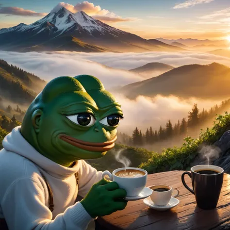 pepe the frog, having a coffee, on top of the mountain, relax, detailed frog face, meme character, cute green frog, realistic lighting, dramatic lighting, golden hour, cinematic, landscape photography, epic mountain scene, dramatic clouds, fog, mist, beaut...