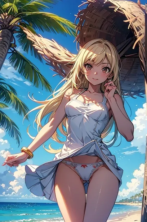 masterpiece, rich colors, Best quality, detailed, high resolution, Hyper quality, high detail, , high quality, detailing, skinny sexy girl on the beach , bright lighting , Brown eyes, Anime, palm trees, bright lighting, blonde,