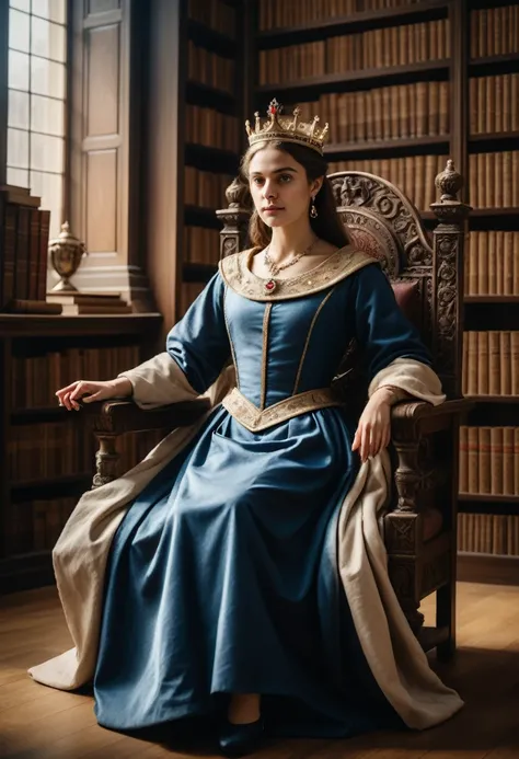 (Queen, crown), At the center of the screen is an empress wearing a crown, sitting on a bookshelf in the library, surrounded by ancient books and parchment rolls. She holds a book in her hand, with the bookshelf and books in the background, (Photography), ...