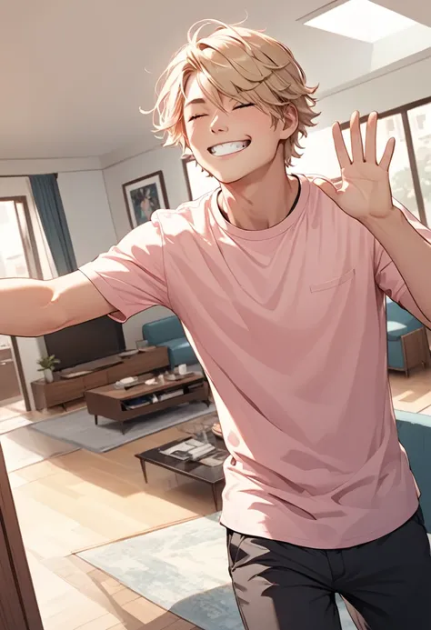 detailed illustration, dynamic angle, ultra-detailed, illustration, 1man, short blonde hair, effeminate, light pink shirt, standing in living room, grin, closed eyes, waving