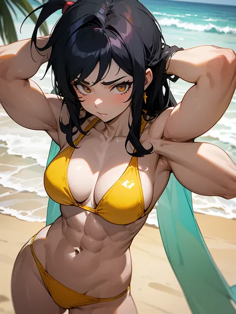 18 year old anime muscle mommy with black hair and pale skin in a yellow thong bikini flexing her muscles with her hands behind her head so they are not seen to show off her abs on a white sanded beach, highly detailed 